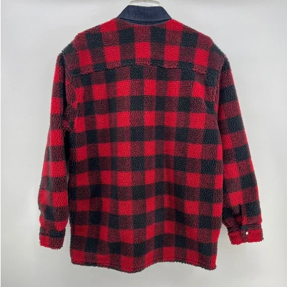 Levi Mens Sherpa Fleece Buffalo Plaid‎ Shirt Jacket Denim Collar Size M - Picture 2 of 7